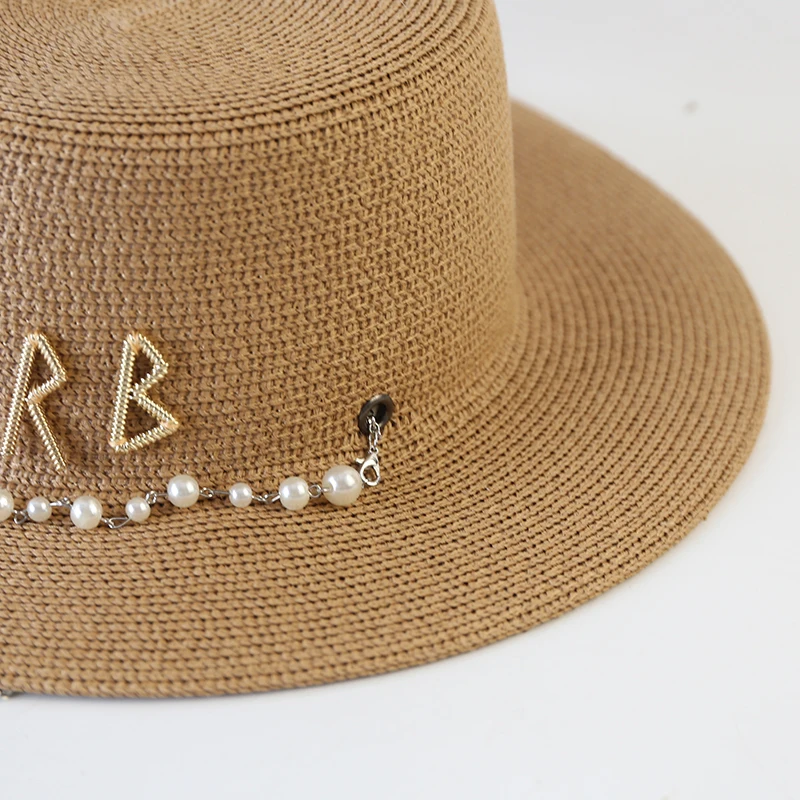 New Women Summer Hats Straw Sun Hat Panama Elegant Straw Fedoras Lady Girl Outdoor Vacation with Pearl Chain Sunshade Beach Hat - Image 5