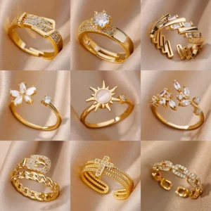 Luxury Zircon Geometric Rings For Women Stainless Steel Gold Color Open Ring Trendy Wedding Party Aesthetic Jewerly Gift Femme