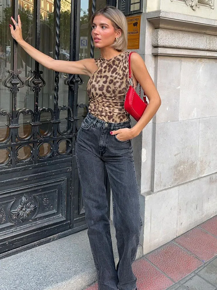 Women Leopard Tulle Bodysuit 2025 Summer Hollow Out Irregular Straps Snap-botton for Holiday Beach Style Streetwear - Image 5