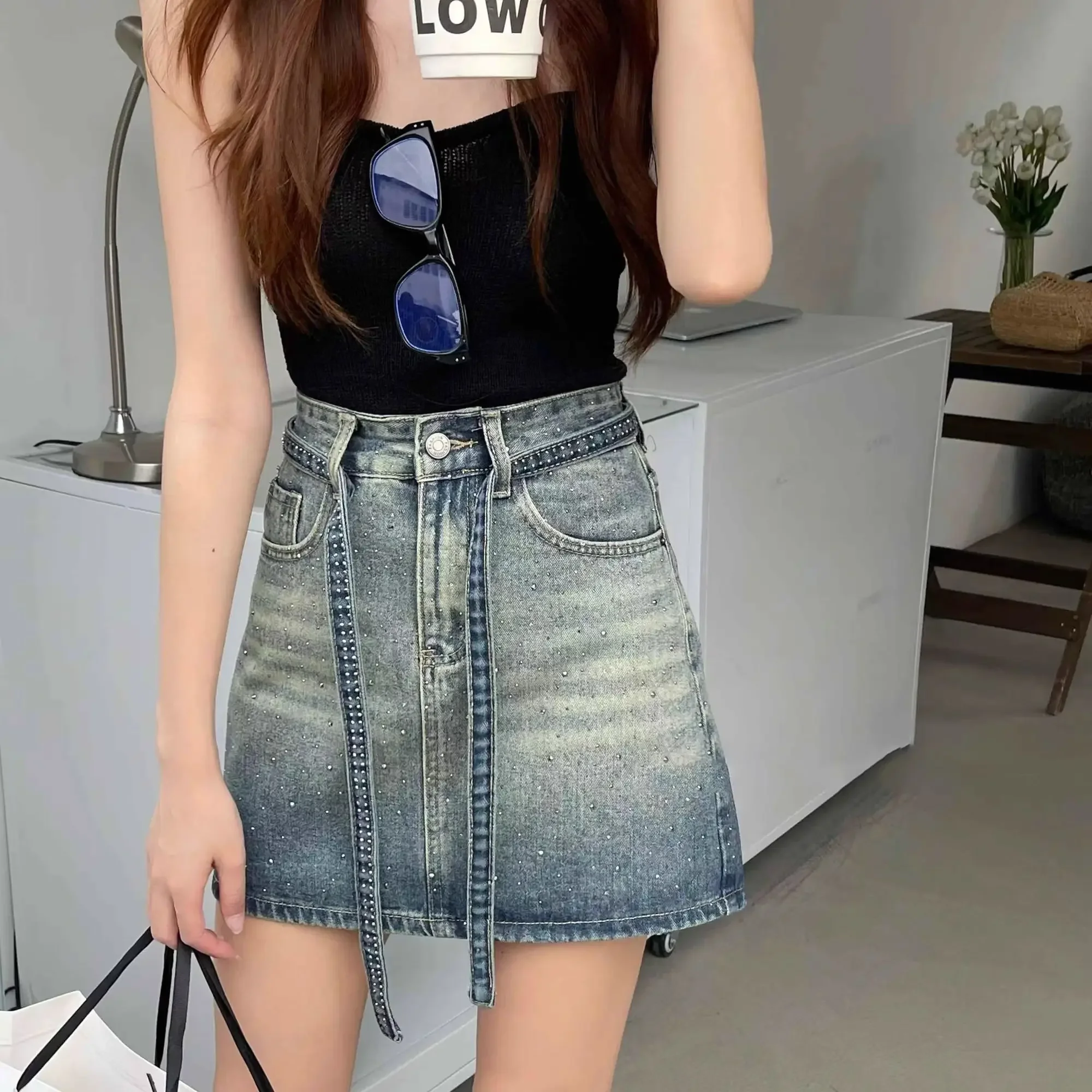 Female Jeans Skirts Sequin Gyaru Mini Y2k Vintage Summer 2025 Aesthetic Cheap Clothing Trend Casual Women's Denim Skirt Short - Image 7