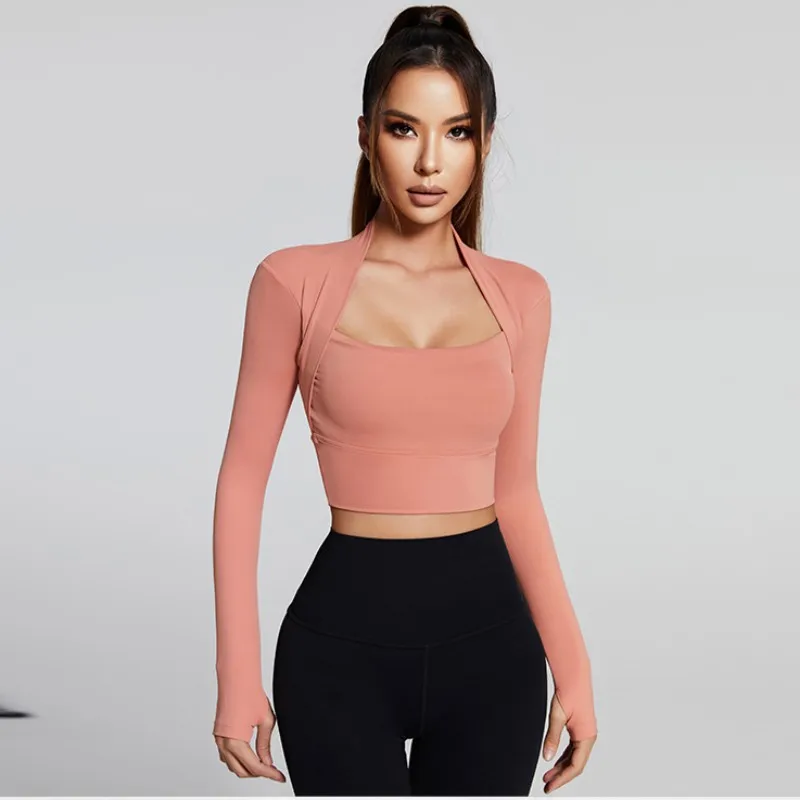 Autumn Winter New Nude Sports Top With Chest Pad Women Long Sleeve Fast Drying Fitness Tight Fake Two Pcs Gym Running Yoga Shirt - Image 9