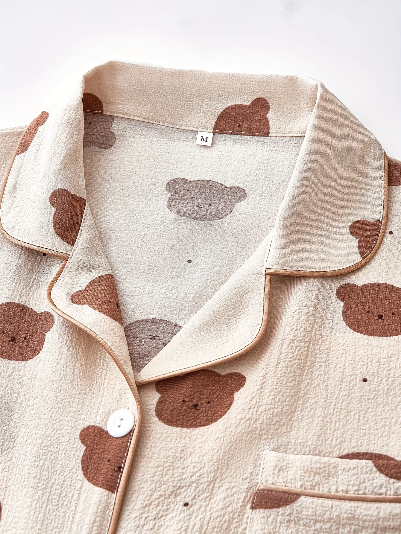 Cozy Bear Print Pajama Set for Women - Long Sleeve, Button-Up Lapel Top & Elastic Waist Pants, Machine Washable, for Autumn - Image 3