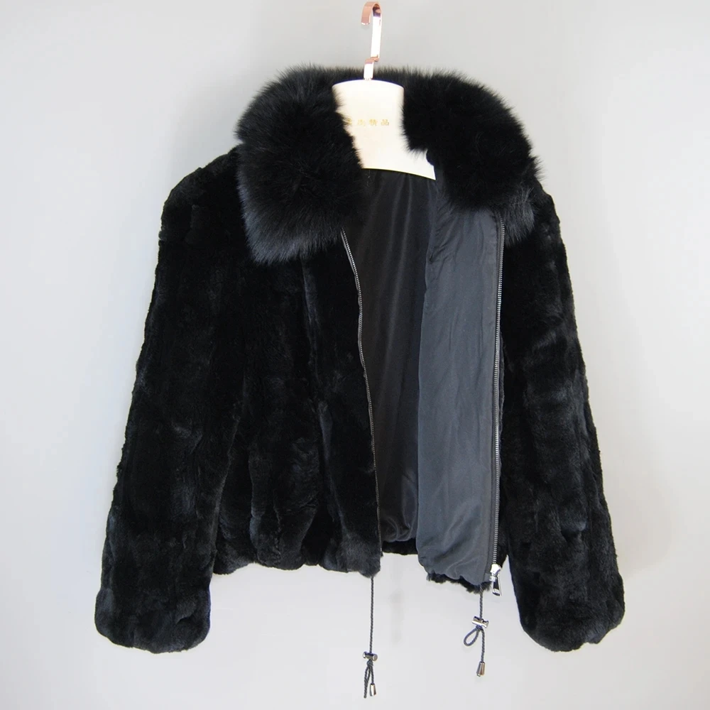 New Style Women Winter Warm Soft Quality Real Rex Rabbit Fur Coat Rex Rabbit Fur Short Jacket Big Real Fox Fur Collar Overcoat - Image 2