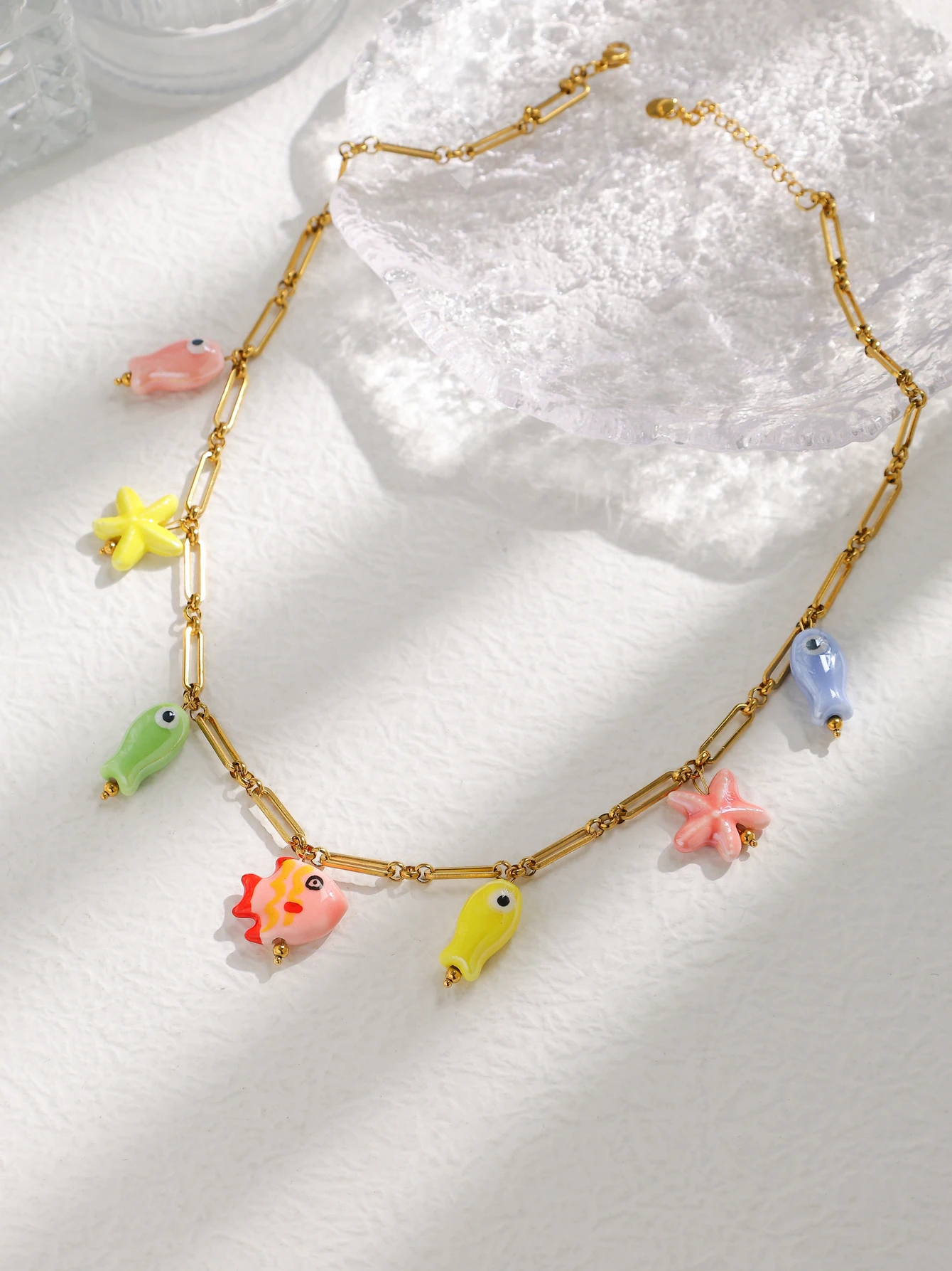 Fashion Stainless Steel Ceramic Starfish Fish Necklace for Women Girls Summer Beach Party Waterproof Popular Cute Jewelry - Image 3