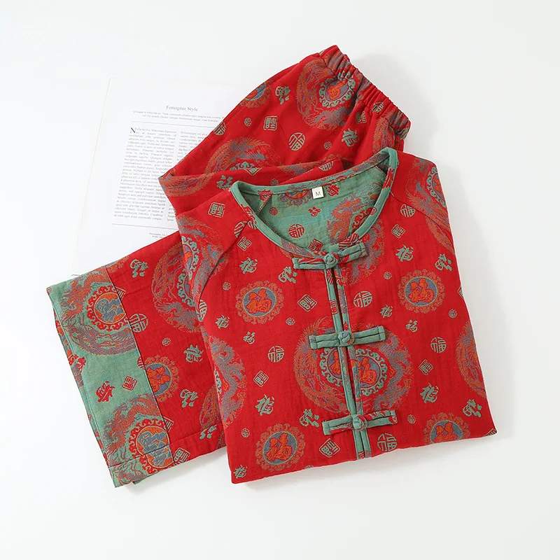 National Style Cotton Double-layer Gauze Women's Pajamas Set for New Year Red Plate Buckle Festival Style Home Clothes - Image 2