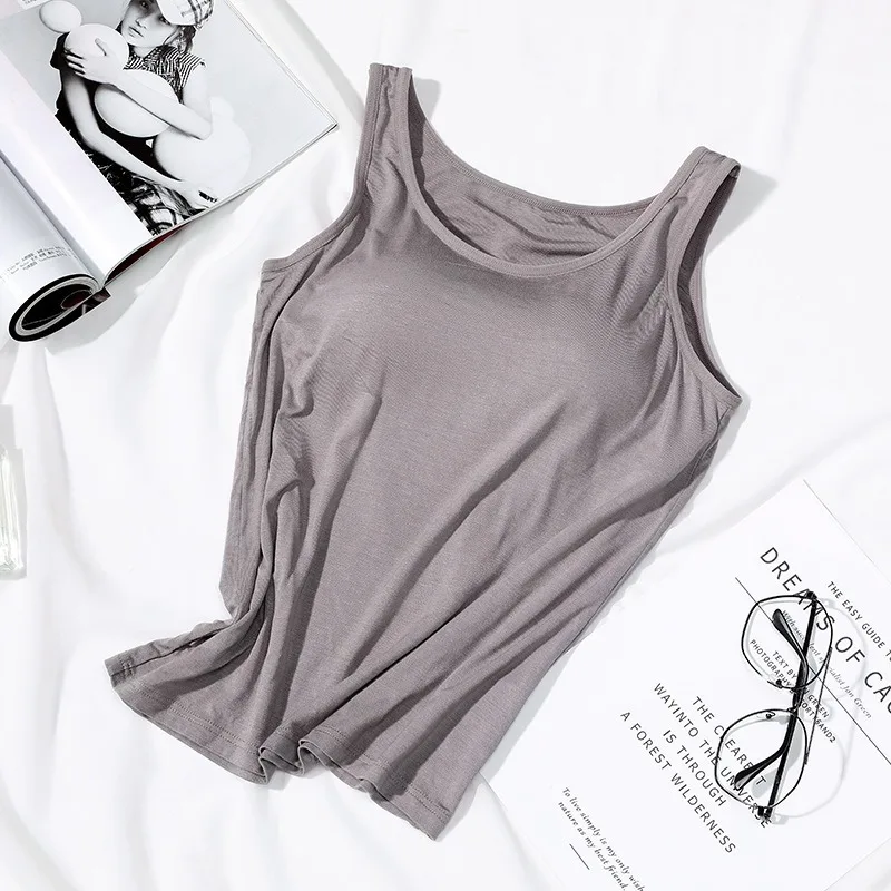 2023 Women's Vest Tops with Built In Bra Neck Vest Solid Color Padded Slim Fit Tank Tops Sexy Shirts Feminino Casual Tank Tops - Image 15