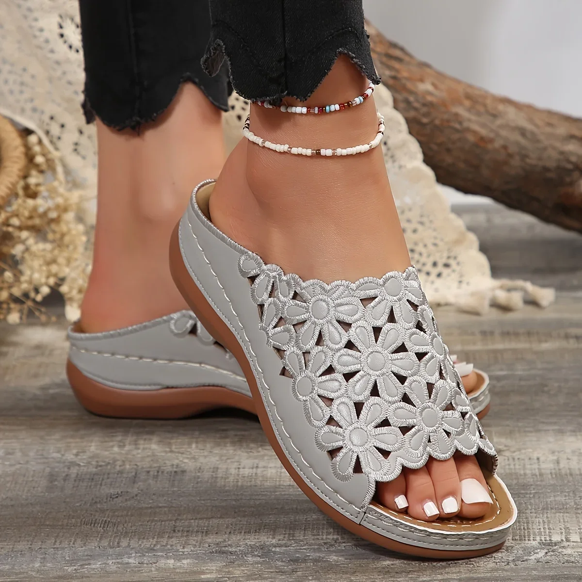 Women's Elegant Floral Comfort Sandals – Hollow-Cut Stylish Wedge Design Versatile Slides for Casual & Beach Wear - Image 4