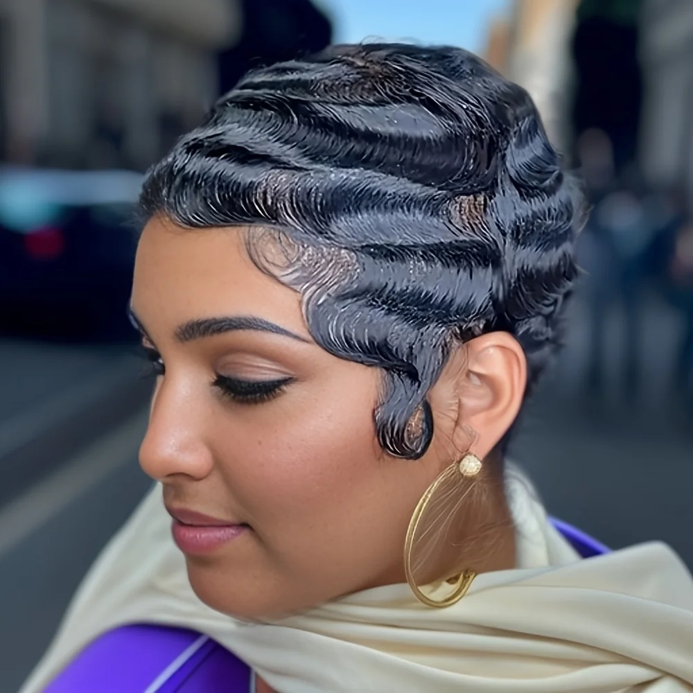Short Finger Wave Wig Brazilian Human Hair Wig For Women Short Water Wave Deep Wave Wig Pixie Cut Wigs For Daily And Party Use - Image 4