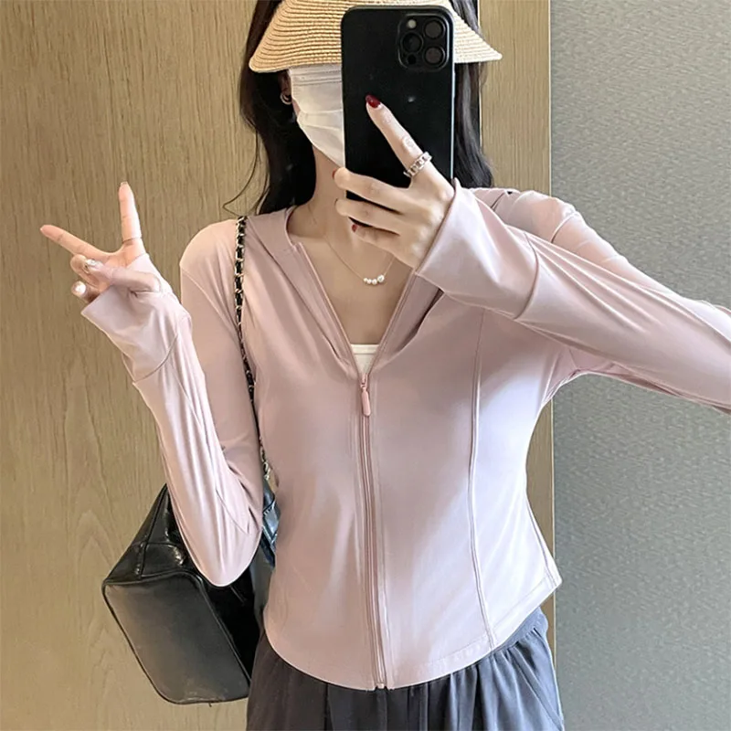 Summer Cool Ice Silk Sun Protection Clothing Women Outdoor Sports Hoodies Uv Protective Coat Female slim Breathable Crop Tops - Image 3