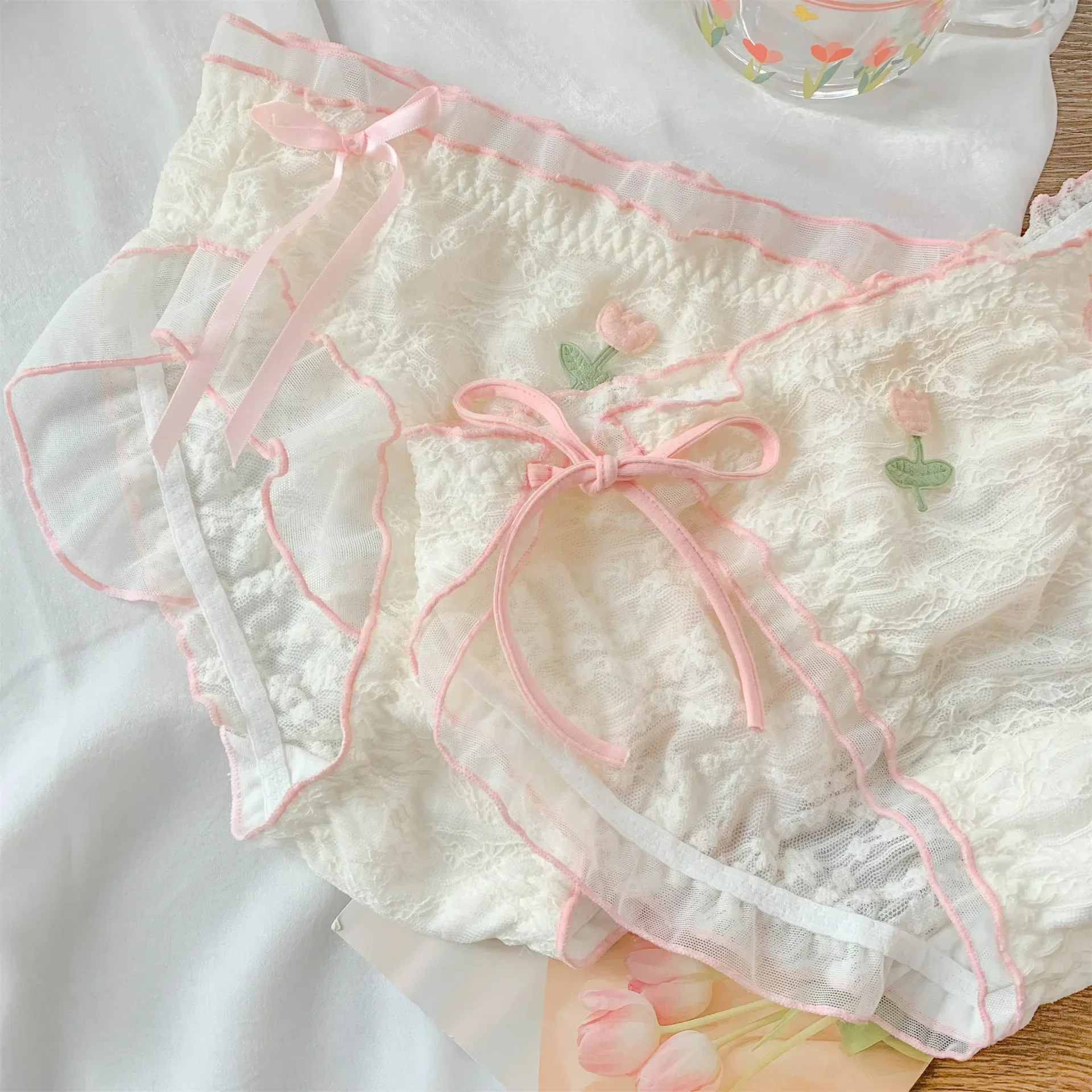 Japanese Sweet Mesh Lace Lace Bow 2024 New Sexy Mid Waist Comfortable and Breathable Fashion Triangle Short Pants WOMEN Panties - Image 5