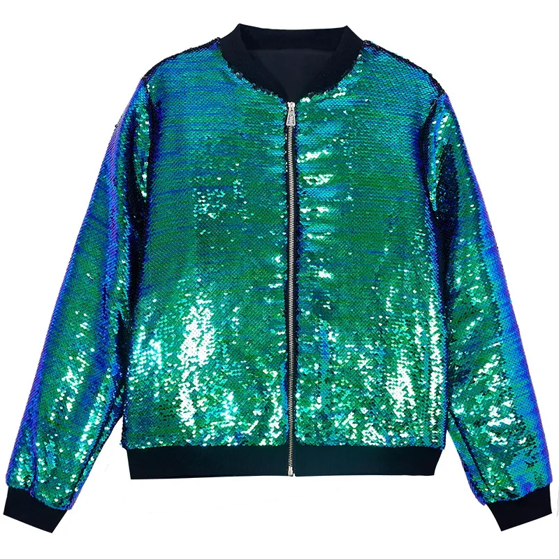 2025 New Europe and USA Party Flip Color Sequined Jackets for Women, Fashion Casual Shiny Loose Concert Hooded Baseball Jackets - Image 17