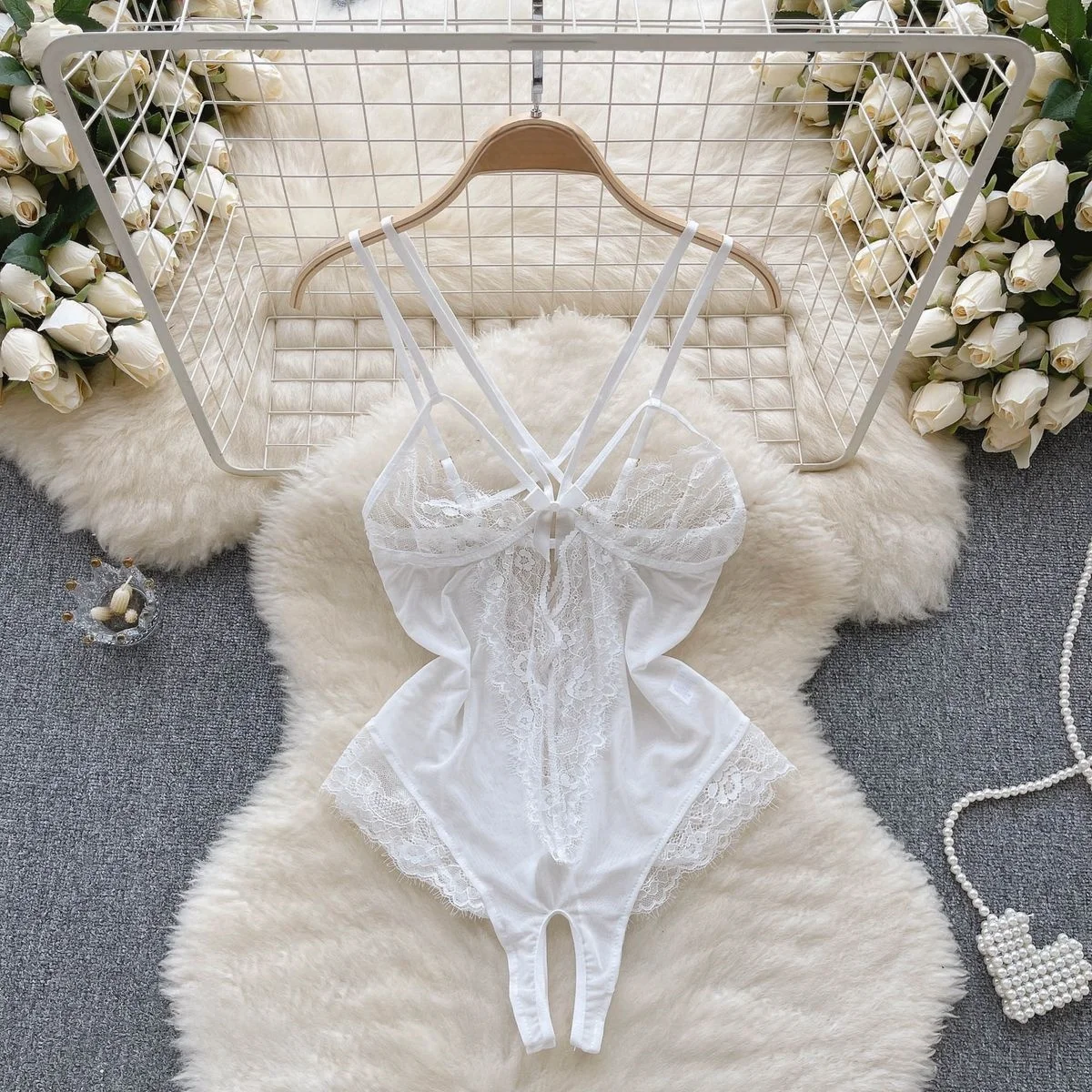 Women' Sexy Lace Camisole Slim Solid Color Sleeveless Bodysuit Erotic Lingerie V-Neck Ultra-Thin Pajamas Hollow Sheer Playsuit - Image 11