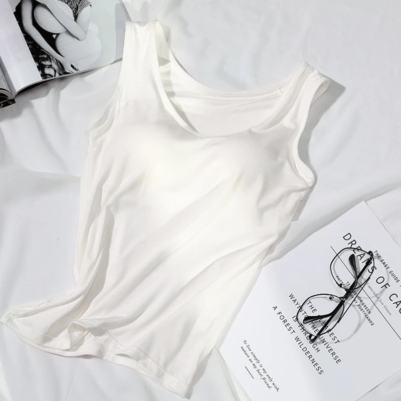 2023 Women's Vest Tops with Built In Bra Neck Vest Solid Color Padded Slim Fit Tank Tops Sexy Shirts Feminino Casual Tank Tops - Image 8