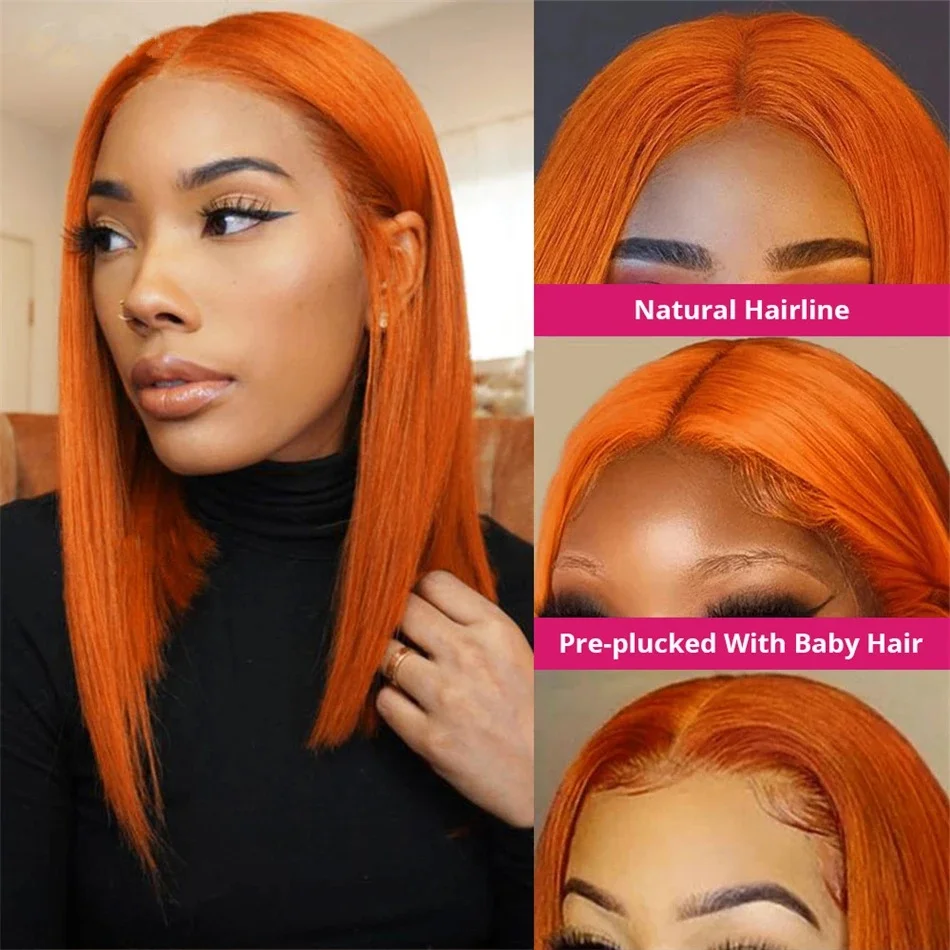 13x4 Lace Front Short Bob Wig 350 Ginger Orange Color Straight Transparent Lace Frontal Wigs Human Hair For Black Woman 10 Inch - Image 2