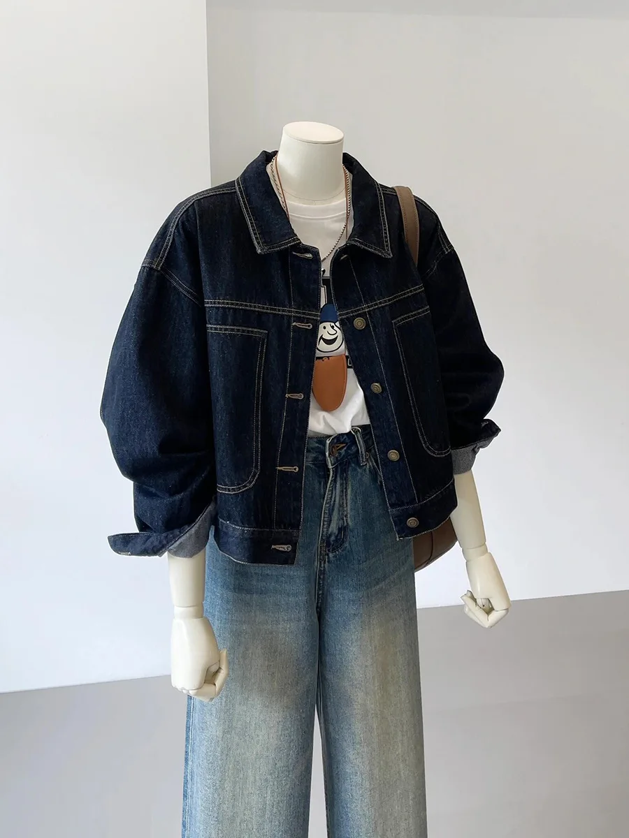 Navy Blue Short Denim Jacket Female Work Style Spring and Fall New Korean Version of the Casual Pocket Design Sense Thin Blouse - Image 2