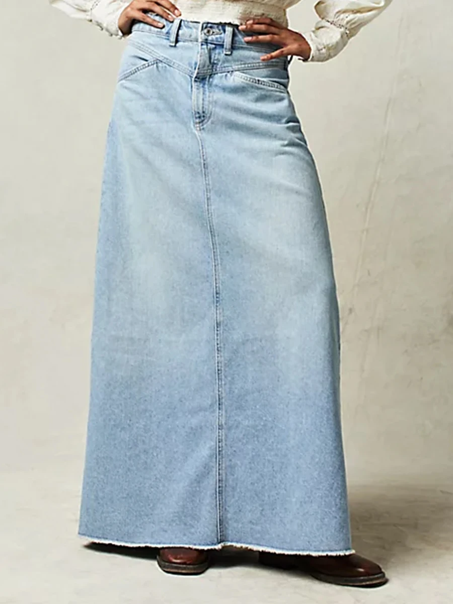 Women Y2K Vintage Denim Maxi Skirt High Waist A-Line Frayed Hem Loose Long Jean Skirt OOTD Streetwear - Image 4