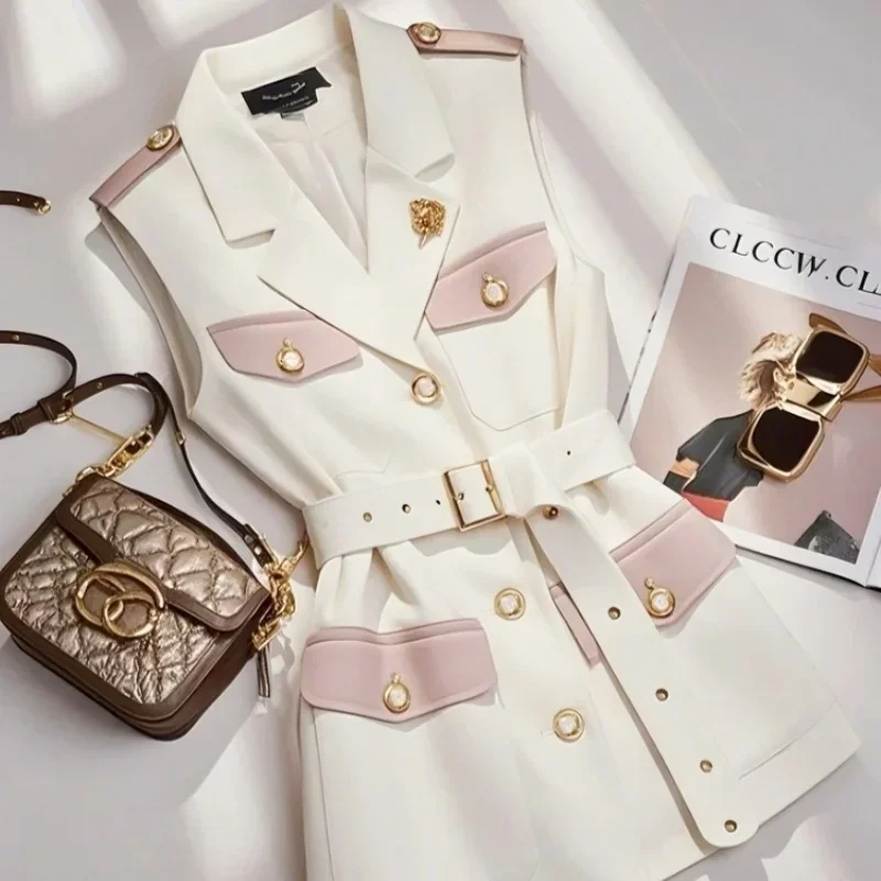 France Fashion Office Lady Coffee Blazers Vest Summer Korean Sleeveless Jackets with Belt Women Temperament Formal Slim Fit - Image 5