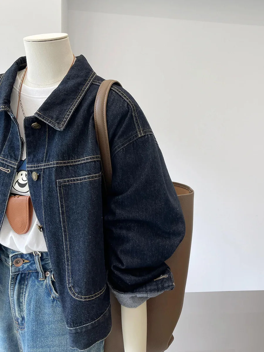 Navy Blue Short Denim Jacket Female Work Style Spring and Fall New Korean Version of the Casual Pocket Design Sense Thin Blouse - Image 5