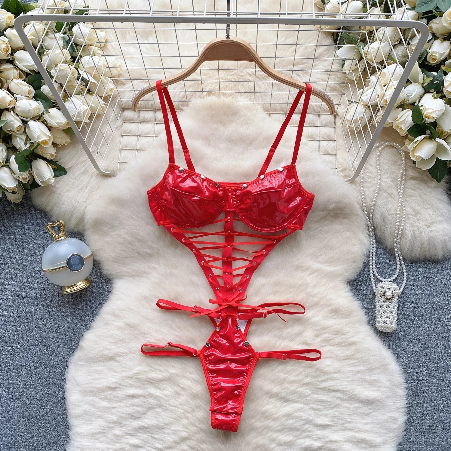 Women' Sexy Lace Camisole Slim Solid Color Sleeveless Bodysuit Erotic Lingerie V-Neck Ultra-Thin Pajamas Hollow Sheer Playsuit - Image 17