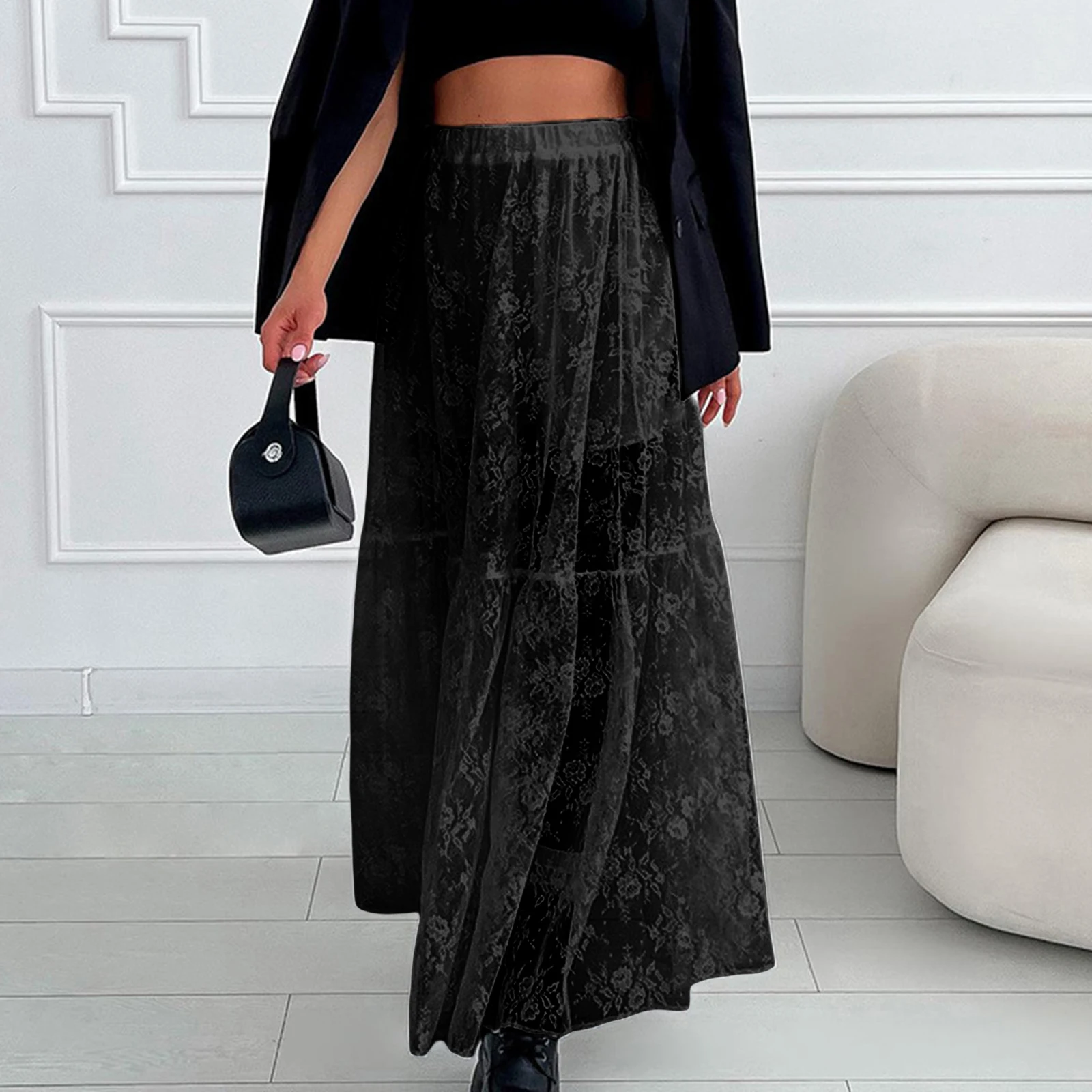 Women See-Through Lace A-Line Skirts Casual Summer Solid Color Elastic Waist Long Skirt for Beach Vacation Club - Image 5