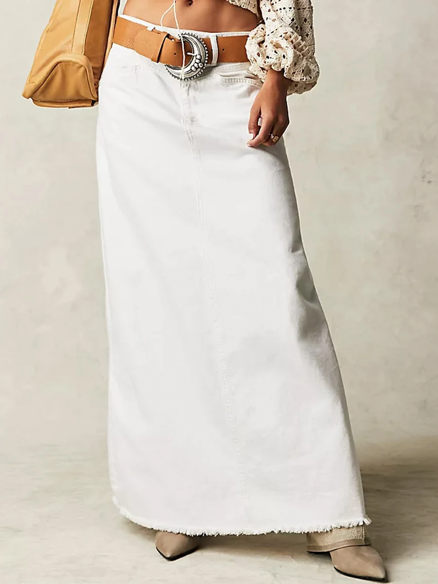 Women Y2K Vintage Denim Maxi Skirt High Waist A-Line Frayed Hem Loose Long Jean Skirt OOTD Streetwear - Image 2
