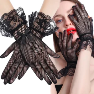Black and White Lace Gloves Women's Wedding Elegant Bowknot Short Glove Summer Mesh Lace Fashion All Finger Mittens Temperament
