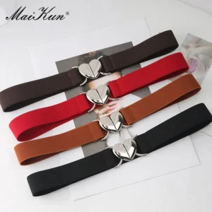 Maikun Silver Heart Buckle Thin Waistband Women Solid Colour Hundred Elastic Narrow Belt Waist Cinching Black