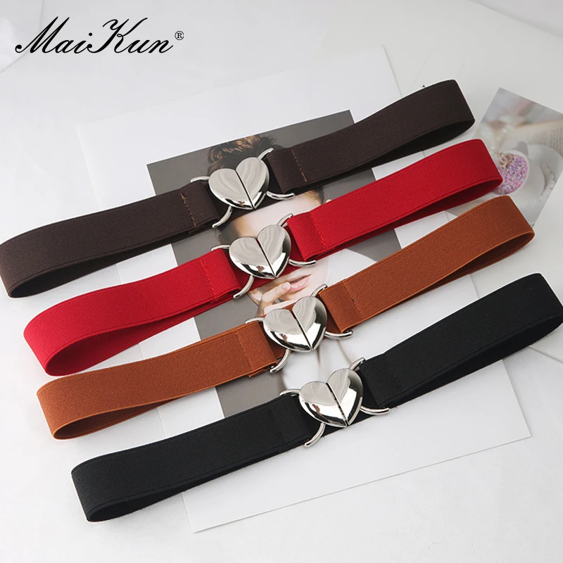 Maikun Silver Heart Buckle Thin Waistband Women Solid Colour Hundred Elastic Narrow Belt Waist Cinching Black