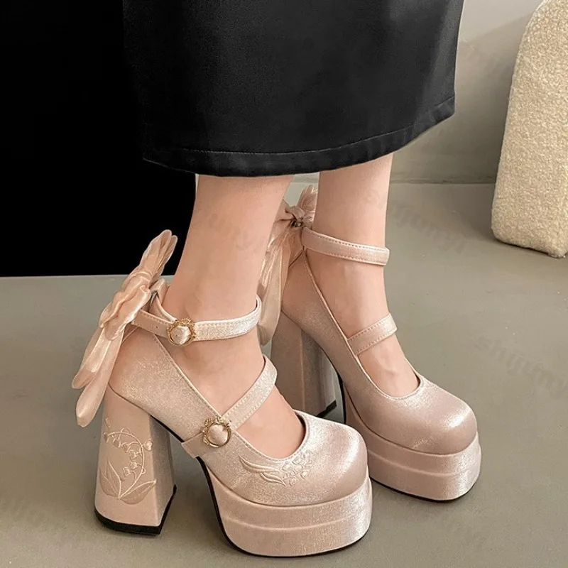 Women High Heel Shoes Lolita Pumps Fashion 2025 Spring Autumn Ladies Outdoor Retro Bow Mary Jane French Elegant 6-8cm High Heels