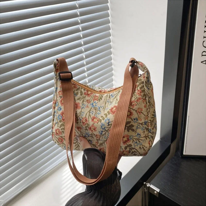 Fashion Vintage Winter New Women Lady Bag Versatile Literary Prints Cloth Crescent Pack Texture Temperament Crossbody Shoulder - Image 2