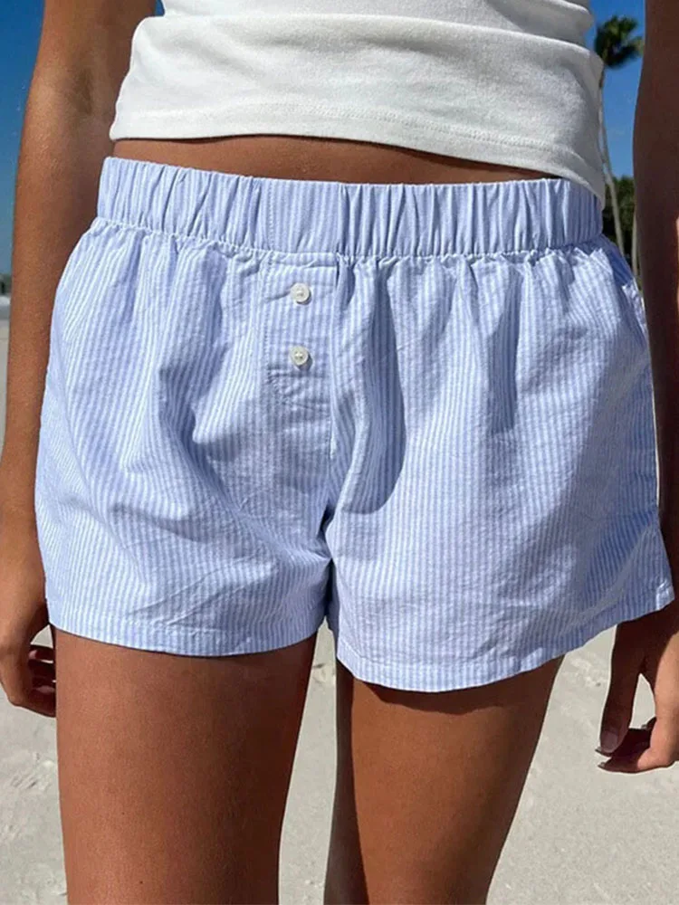 Striped Print Casual Shorts for Women Elastic Waist Fashion Button Bottoms Streetwear Chic Basic Y2K Loose Shorts - Image 3