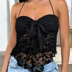 Fairyshely Sexy Female Summer Solid Halter Top 2025 Women Lace V Neck Bodycon Strap Vest Lady Sleeveless Off Shoulder Clud Tops