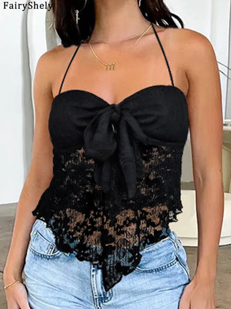 Fairyshely Sexy Female Summer Solid Halter Top 2025 Women Lace V Neck Bodycon Strap Vest Lady Sleeveless Off Shoulder Clud Tops