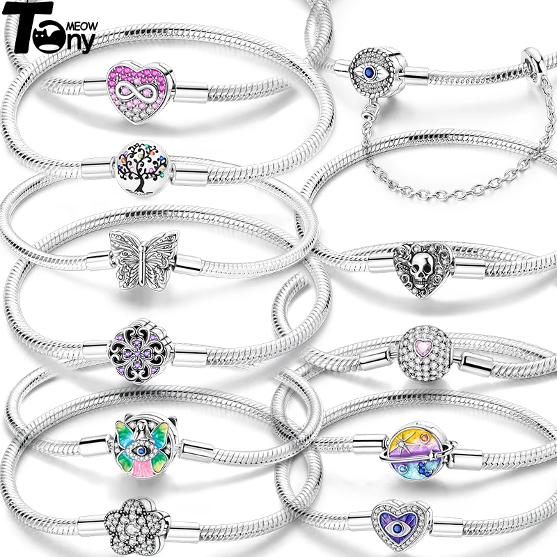 17-20CM Original 925 Sterling Silver Bracelets Clover Butterfly Cross Heart Bracelet Fit DIY Charms Beads Fashion Women Jewelry