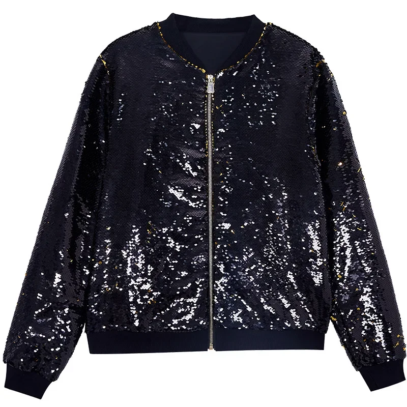 2025 New Europe and USA Party Flip Color Sequined Jackets for Women, Fashion Casual Shiny Loose Concert Hooded Baseball Jackets - Image 14