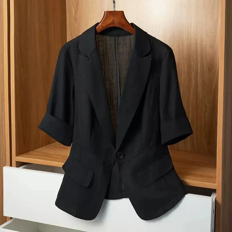 2025 Summer New Thin Small Suit Jacket Women Casual Slim Short-Sleeved Suit Coat Female Plus Size Loose Blazer Top Fashion Coat - Image 3