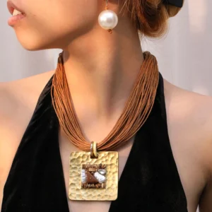 Statement Vintage Necklace with Square Pendant for Women Girl Trendy Wedding Party Jewelry