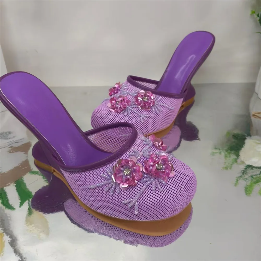 Fashion Women Summer Wedges Mesh Shoes For Woman's Flower Round Toe Slip-On Hollow High Heeled sandals Mujer Party Wedding Pumps - Image 6