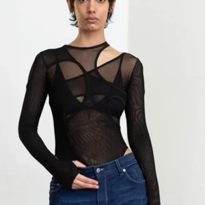 Summer Solid Color Bodysuit See-Through Sexy Hollow Design Women Top Jumpsuits Slim Fit For High Street Clubwear Female