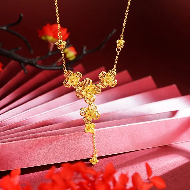 Luxury 24K 9999 Pure Gold real gold Women's Plum Blossom Snow Hollow Flower Tassel Necklace - Image 6