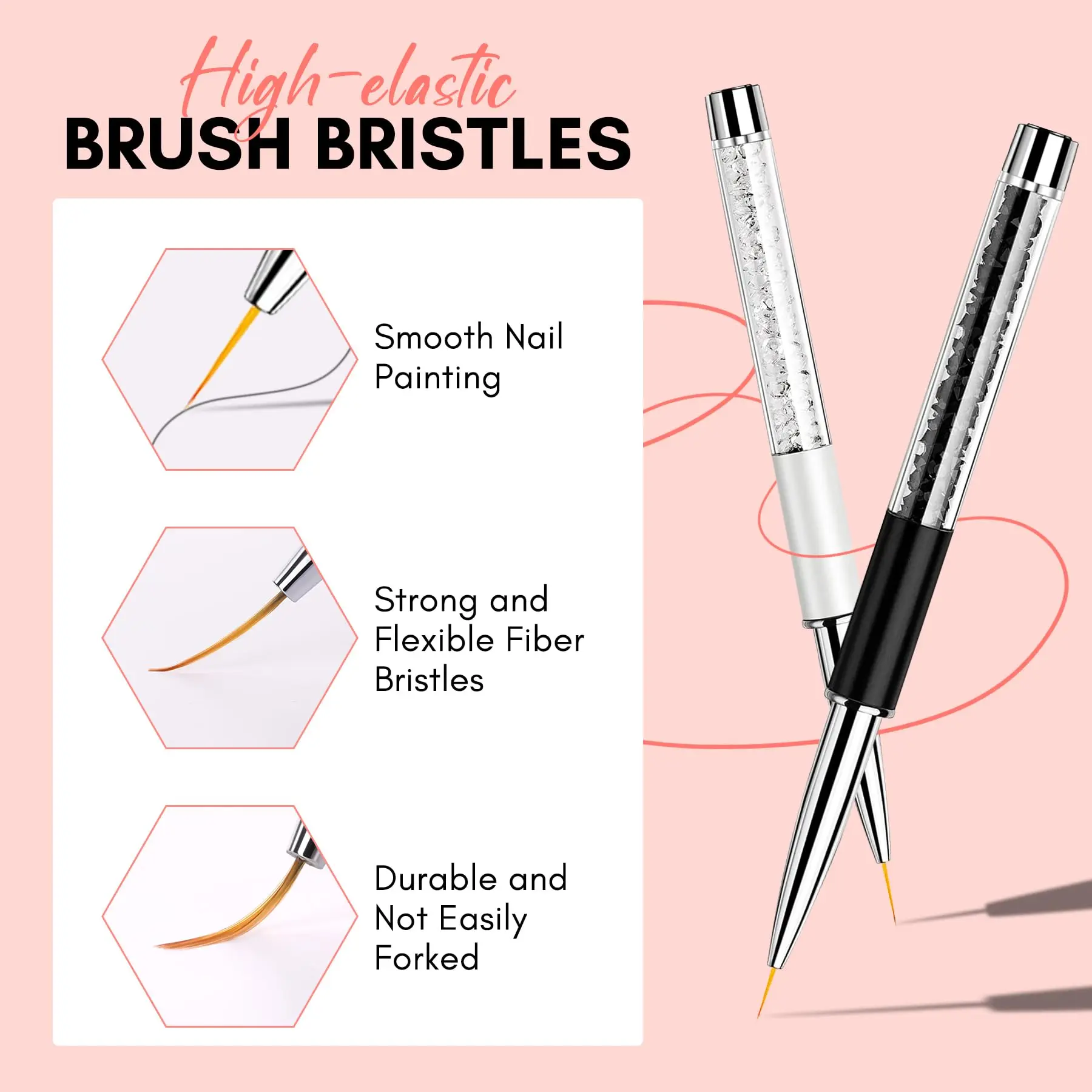 Nail Art Brushes 7/9/11mm Liner Brush with Shiny Diamond Handle & Caps, Gel Nail Painting Brush Nail Drawing Brushes - Image 6
