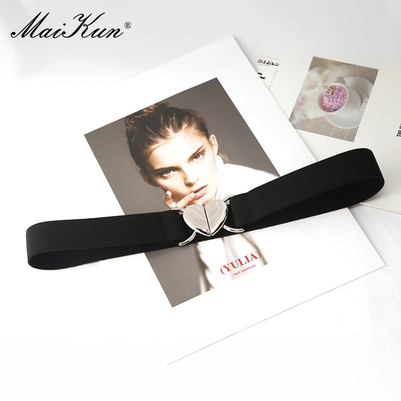 Maikun Silver Heart Buckle Thin Waistband Women Solid Colour Hundred Elastic Narrow Belt Waist Cinching Black - Image 9