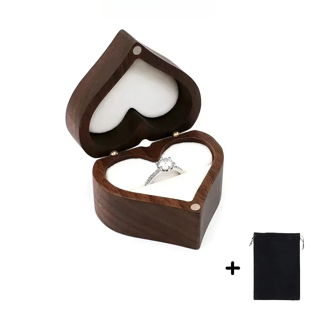1PCS Free Engraving Custom Love Heart Shaped Walnut Wood Ring Box for Wedding Ceremony Jewelry Box Storage Proposal Wedding Gift - Image 13