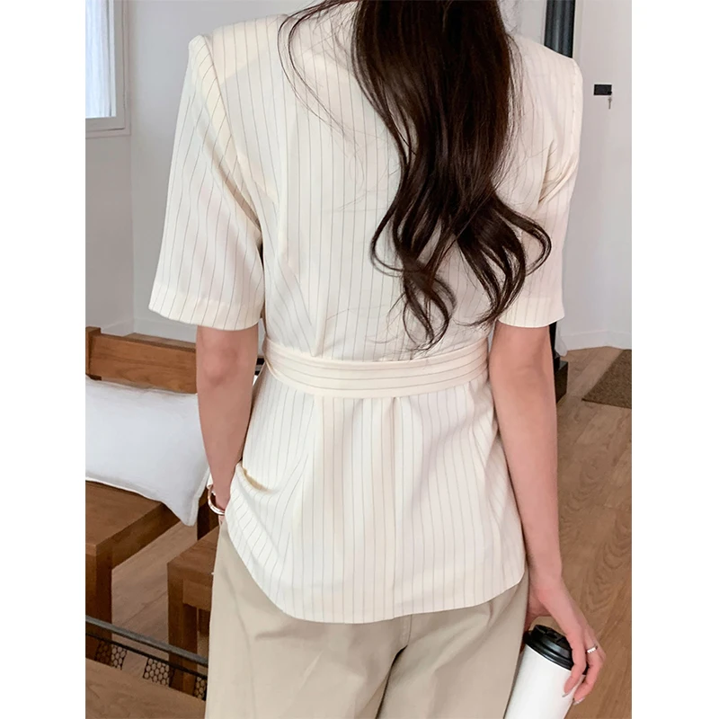 Elegant Striped Blazer Women Fashion Black Lace Up Suit Jackets Korean V Neck Outerwears Summer Office Ladies Short Sleeve Coats - Image 6