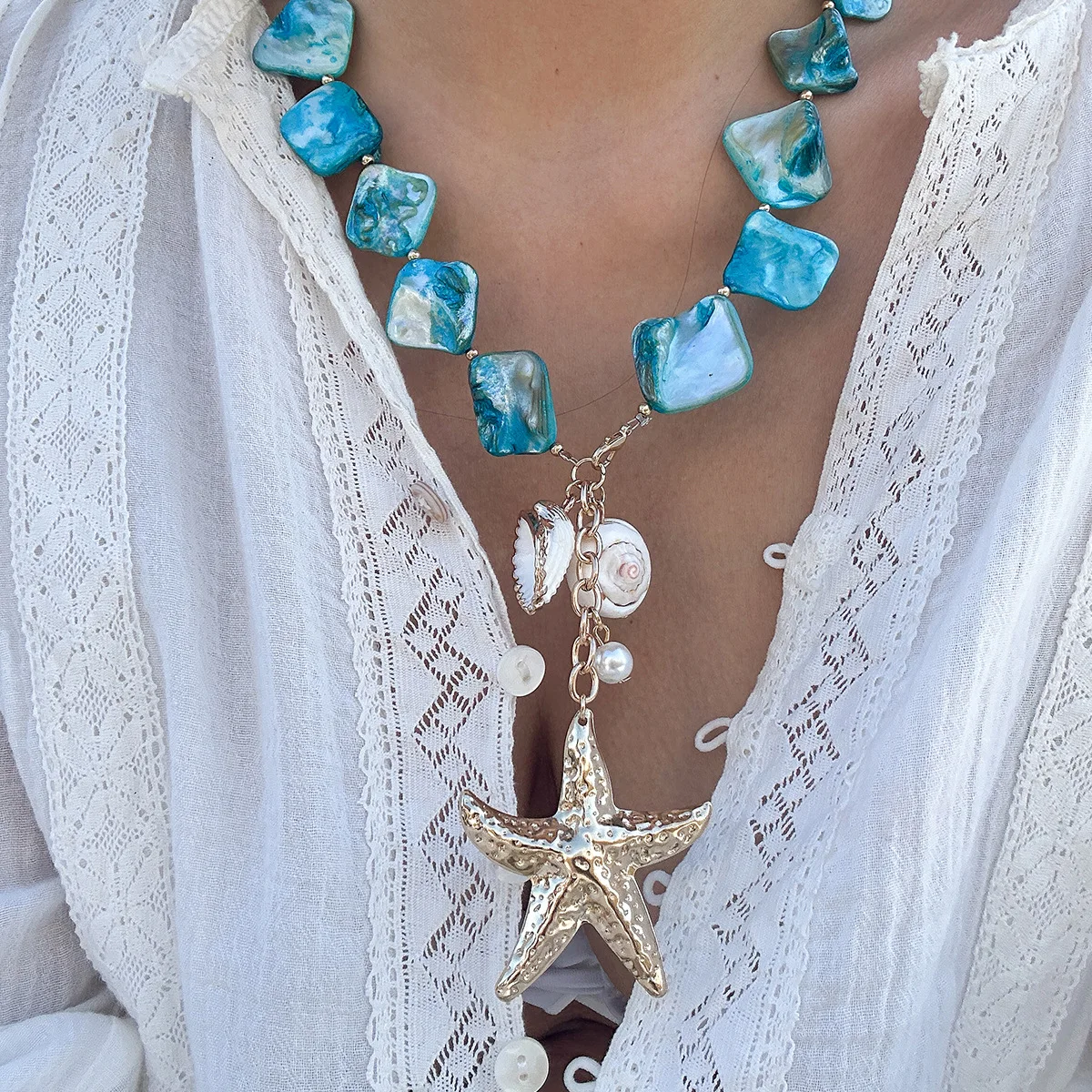 Retro Starfish White Shell Conch Pendant Necklace Women 2024 Simple Creative Colorful Stones Hand Woven beach Jewelry Girls - Image 7