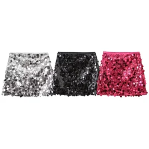Willshela Women Fashion With Sequined Solid Side Zipper Mini Skirt Vintage High Waist Female Chic Lady Skirts