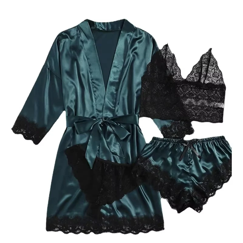 Women's Fashion Pajama Print Sexy Lace Trim Faux Silk Satin Pajama Set Gown Skin Friendly Comfort Loungewear Sexy Pajamas - Image 6