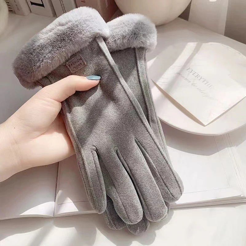 Winter Female Cashmere Warm Suede Leather Cycling Mittens Double Thick Velvet Plush Wrist Women Touch Screen Driving Gloves - Image 9