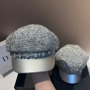 Navy hat silver hot diamond fashion  leather brim octagonal hat outdoor small  wind cap 겨울모자