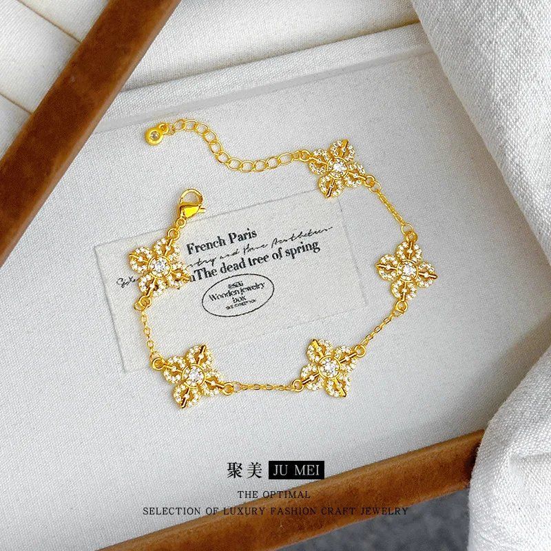 9999 24K real gold new Chinese style full diamond five-flower cross vajra bracelet women four-leaf clover bracelet - Image 2